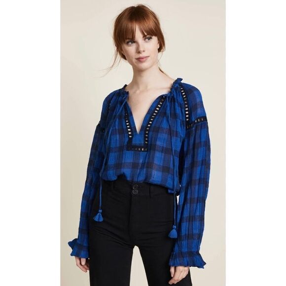 Free People Womens Honey Grove Knit Loose Blue/Black Blouse - Picture 1 of 13